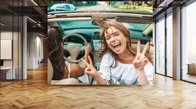 Portrait of two young beautiful and smiling hipster female in convertible car. Sexy carefree women driving cabriolet. Positive models riding and having fun in sunglasses Wall mural