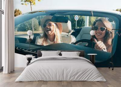 Portrait of two young beautiful and smiling hipster female in convertible car. Sexy carefree women driving. Positive models riding and having fun outdoors. Enjoying summer days. Cheerful and happy Wall mural