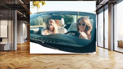 Portrait of two young beautiful and smiling hipster female in convertible car. Sexy carefree women driving. Positive models riding and having fun outdoors. Enjoying summer days. Cheerful and happy Wall mural