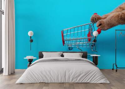 Cat paws push an empty shopping trolley on a blue background Wall mural