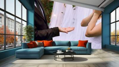 the guy makes an offer to marry his beloved girl, wears a ring. close-up Wall mural