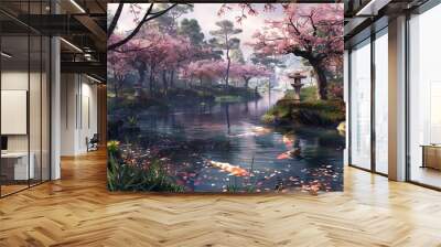 A tranquil Japanese garden with cherry blossoms  and a serene koi pond, Wall mural