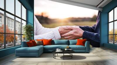 A close-up of holding hands of senior couple in an autumn nature at sunset. Wall mural