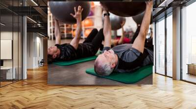 A group of cheerful seniors in gym doing exercise with fit balls. Wall mural