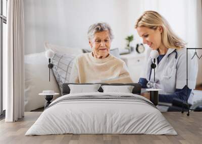 A health visitor and a senior woman sitting on a bed at home, talking. Wall mural