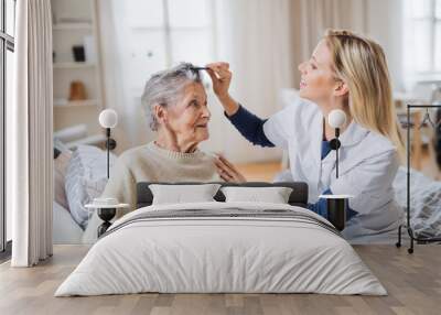 A health visitor combing hair of senior woman at home.. Wall mural