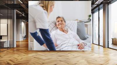 A health visitor talking to a sick senior woman lying in bed at home. Wall mural