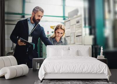 A portrait of an industrial man and woman engineer with laptop in a factory, working. Wall mural