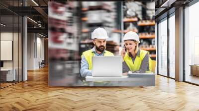 A portrait of an industrial man and woman engineer with laptop in a factory, working. Wall mural