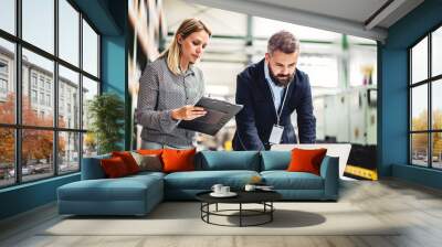 A portrait of an industrial man and woman engineer with laptop in a factory, working. Wall mural