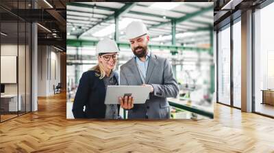 A portrait of an industrial man and woman engineer with tablet in a factory, working. Wall mural