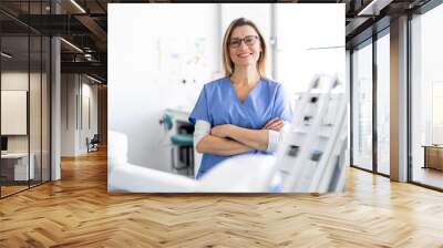 A portrait of dental assistant in modern dental surgery, looking at camera. Wall mural