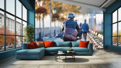 A rear view of businessman commuter with electric bicycle traveling to work in city. Wall mural