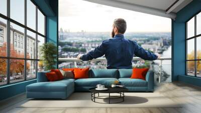 A rear view of businessman standing against London view panorama at sunset. Wall mural