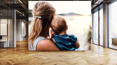 A rear view of mother with a toddler daughter outdoors by the river in summer. Wall mural