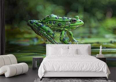 A vibrant green robotic frog leaping from lily pad to lily pad in a serene pond Wall mural