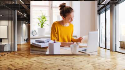 A young female student sitting at the table, using laptop when studying. Wall mural