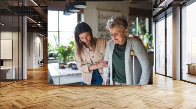 Adult daughter visiting ill senior mother with crutches indoors at home, holding her. Wall mural