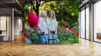 Adult granddaguhter supporting her senior grandmother when taking her for walk with walker in park in summer. Wall mural