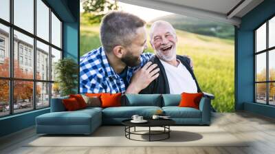 An adult hipster son with senior father in wheelchair on a walk in nature at sunset, laughing. Wall mural