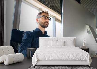 Businessman at the desk with computer in his office. Wall mural