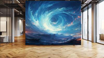 Chaotic streams of data converging into a luminous whirlpool, creating a mesmerizing display of digital turbulence in an abstract sea. Wall mural