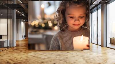 Cheerful small girl indoors at home at Christmas, holding candle. Wall mural