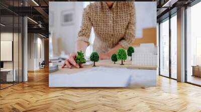 Close-up of woman architect with model of houses in office Wall mural