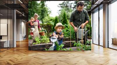 Family with small children gardening on farm, growing organic vegetables. Wall mural