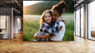 Front view of young teenager girls friends outdoors in nature, hugging. Wall mural