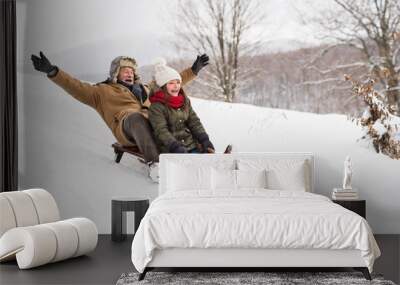 Grandfather and small girl sledging on a winter day. Wall mural