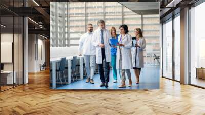 Group of doctors walking in corridor on medical conference. Wall mural