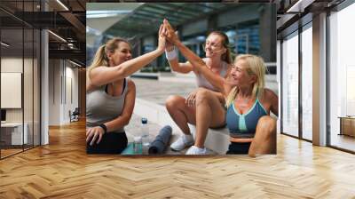 Group of young and old women sitting after exercise outdoors in city, giving high five. Wall mural