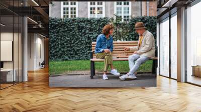 Happy senior couple sitting on bench and playing chess outdoors in park. Wall mural