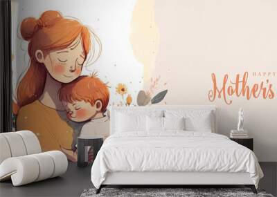 Illustration of mother with her little child, flower in the background. Concept of mothers day, mothers love, relationships between mother and child. Created with Generative AI technology. Wall mural