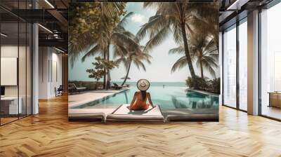 Illustriation of young woman enjoying summer in holiday resort, created with Generative AI technology. Wall mural