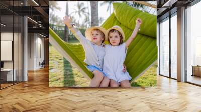 Little friends enjoying holiday in exotic country, lying in hammock. Wall mural