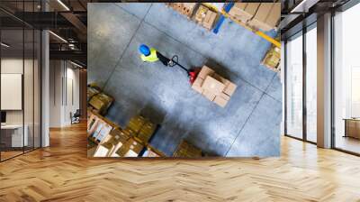 male warehouse worker pulling a pallet truck. Wall mural