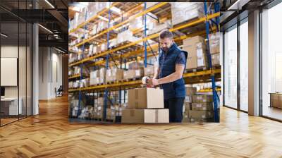 Male warehouse worker sealing cardboard boxes. Wall mural