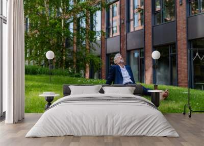 Mature businessman resting and sitting barefoot in park, feeling free, escaping from work, work life balance concept. Wall mural