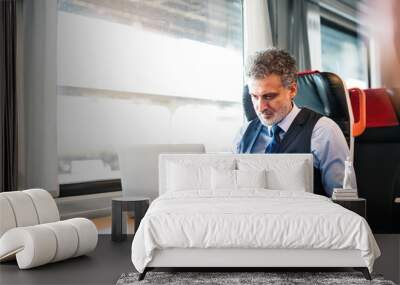 mature businessman with laptop travelling by train. Wall mural