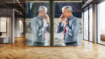 Mature businessman with smartphone standing on a terrace in city, making a phone call. Wall mural