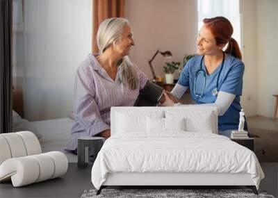 Nurse measuring blood pressuer to senior woman at her home. Wall mural