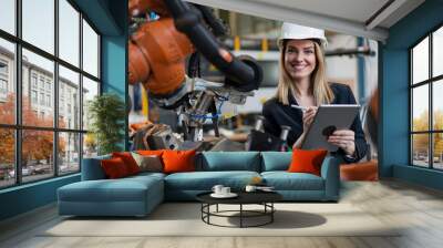 Portrait of female chief engineer in modern industrial factory using tablet. Wall mural