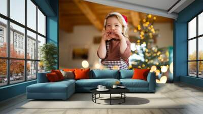 Portrait of small girl indoors at home at Christmas, laughing. Wall mural