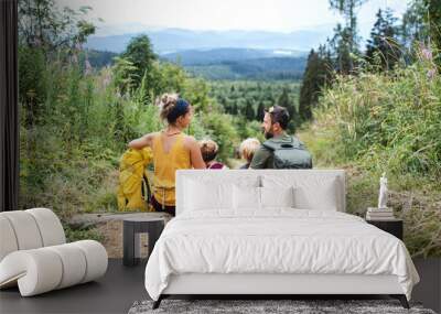 Rear view of family with small children hiking outdoors in summer nature, resting. Wall mural