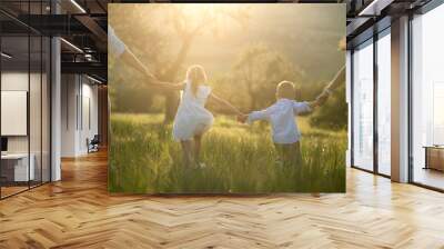 Rear view of family with two small children walking on meadow outdoors at sunset. Wall mural