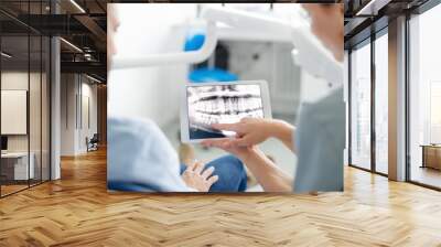 Rear view of man and dentist in dental surgery, annual check-up. Wall mural