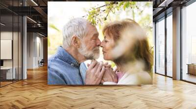 Senior couple in love outside in spring nature kissing. Wall mural