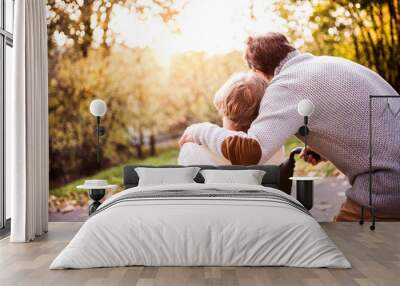 Senior couple in wheelchair in autumn nature. Wall mural